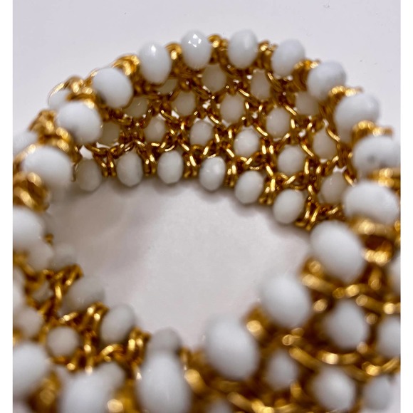 Gold Tone Mesh Stretchy Bracelet with Ivory Beads - Picture 2 of 4